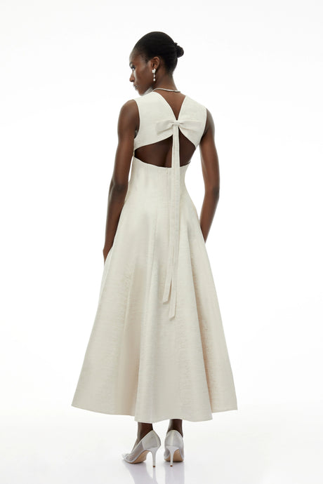 Rhea Maxi Dress Cream V-Neck Flared Satin