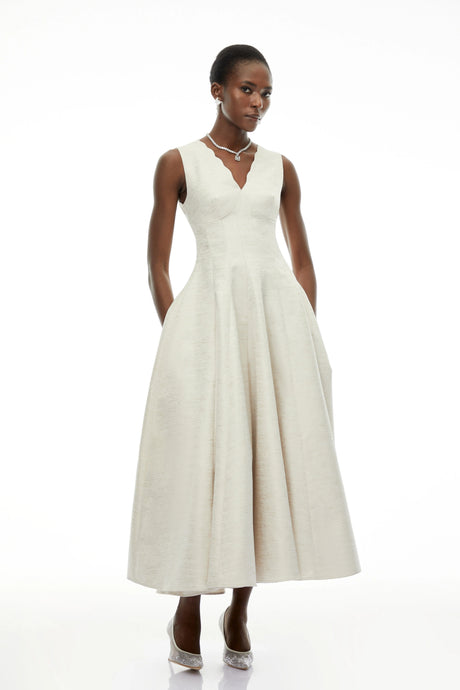 Rhea Maxi Dress Cream V-Neck Flared Satin