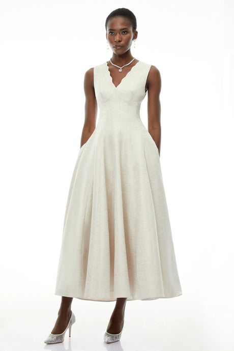 Rhea Maxi Dress Cream V-Neck Flared Satin