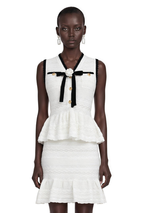 Natalina Mini Dress White Knit Ruffled with Bow