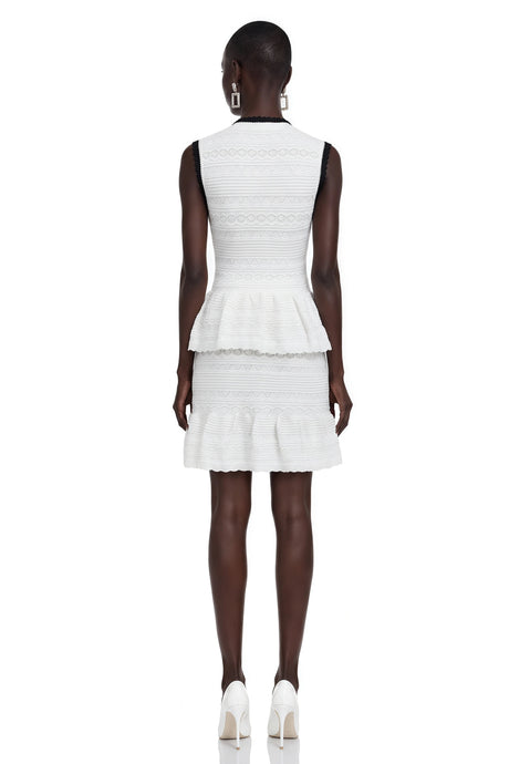 Natalina Mini Dress White Knit Ruffled with Bow
