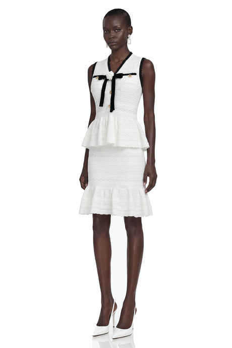Natalina Mini Dress White Knit Ruffled with Bow