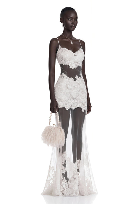 Natalia Maxi Dress White Semi-Sheer Floral Lace