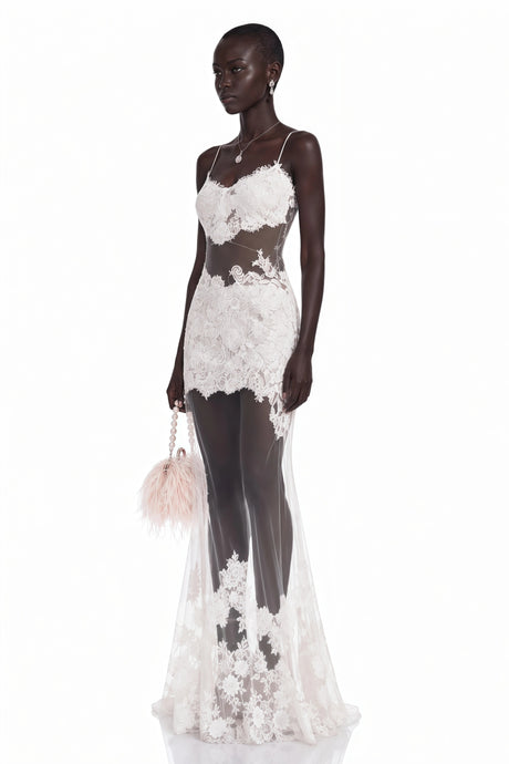 Natalia Maxi Dress White Semi-Sheer Floral Lace