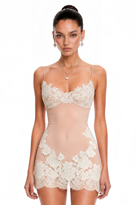 Macy Mini Dress White Semi-Sheer Floral Lace