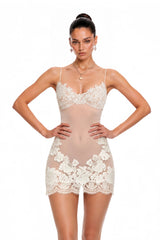 Florence White SemiSheer Floral Lace Mini Dress
