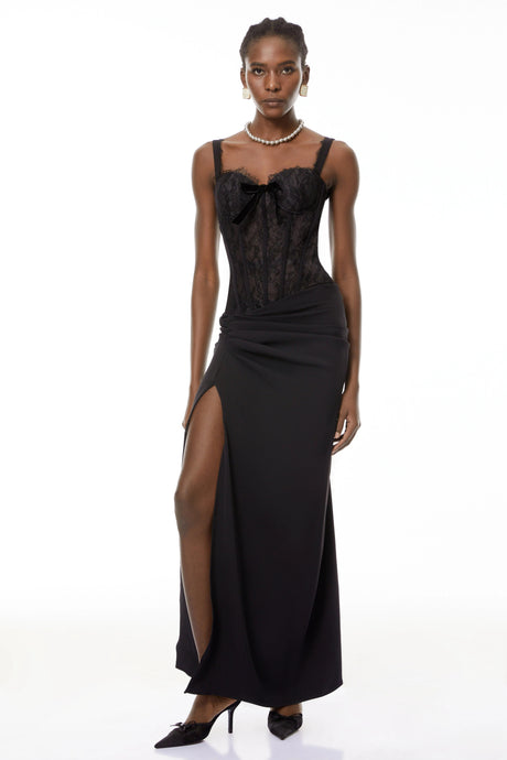 Veronica Maxi Dress Black High Slit Floral Lace