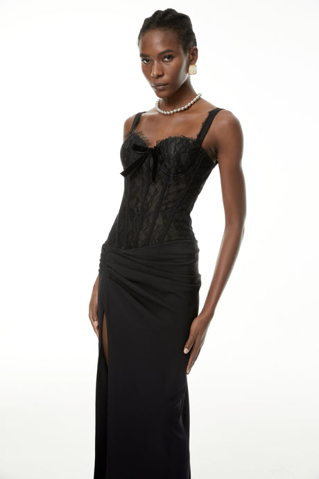 Veronica Maxi Dress Black High Slit Floral Lace