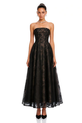 Francesca Black Strapless Floral Lace ALine Maxi Dress