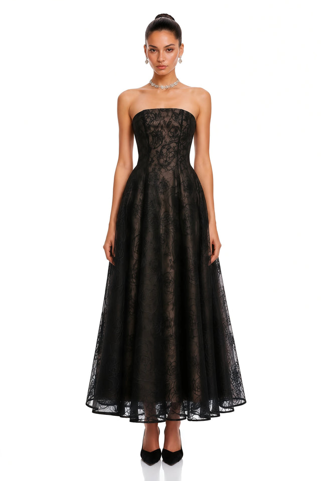 Francesca Black Strapless Floral Lace ALine Maxi Dress