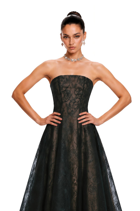Adalgisa Maxi Dress Black Strapless Floral Lace A-Line