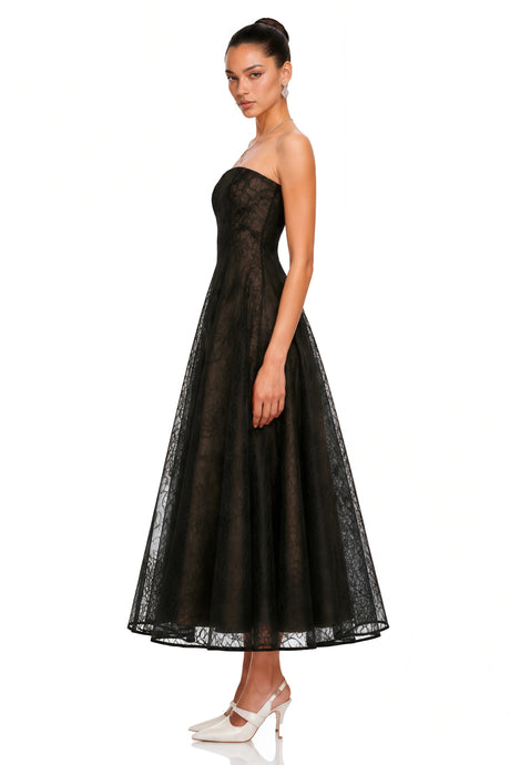 Adalgisa Maxi Dress Black Strapless Floral Lace A-Line