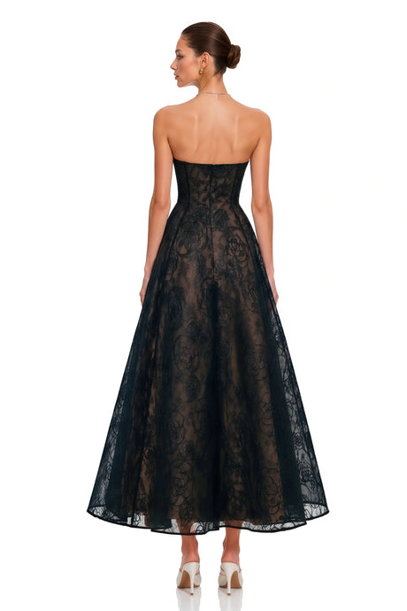 Adalgisa Maxi Dress Black Strapless Floral Lace A-Line