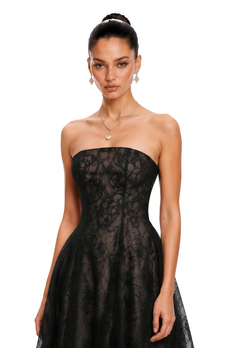 Adalgisa Maxi Dress Black Strapless Floral Lace A-Line