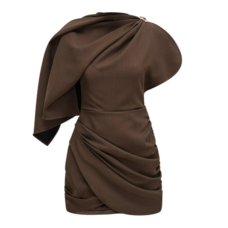 Isabella Mini Dress Brown Asymmetrical Gathered