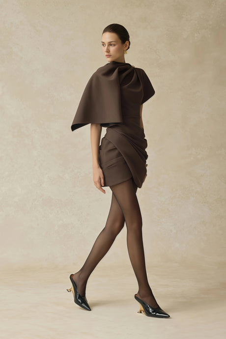 Pasquina Mini Dress Brown Asymmetrical Gathered