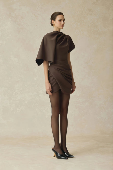 Pasquina Mini Dress Brown Asymmetrical Gathered