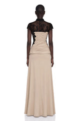 Francesca Neutral Ruched Maxi Dress  Lace Cape Set