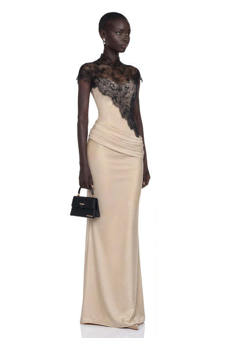 Mariachiara Maxi Dress Neutral Ruched & Lace Cape Set