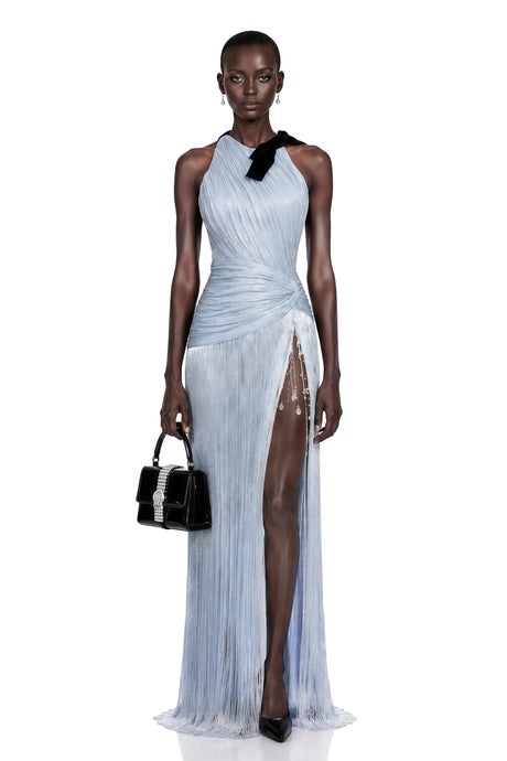 Giselle Maxi Dress Silver Fringe with Bow