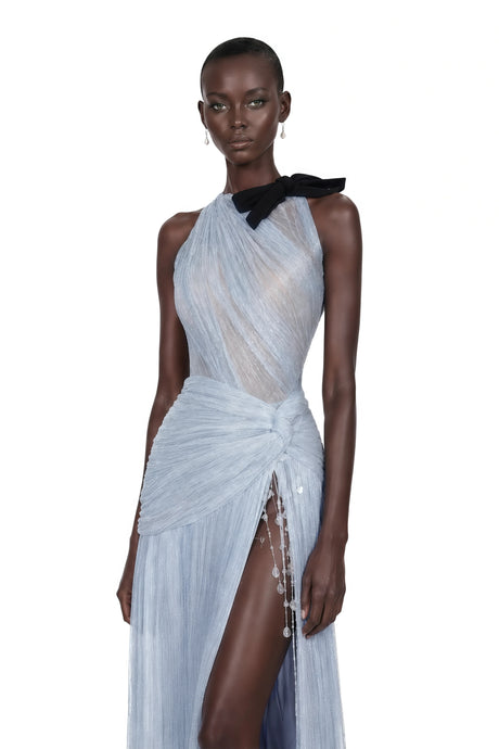 Giselle Maxi Dress Silver Fringe with Bow