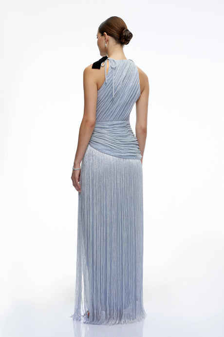 Hailey Maxi Dress Silver Fringe with Bow