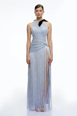 Francesca Silver Fringe Maxi Dress with Bow
