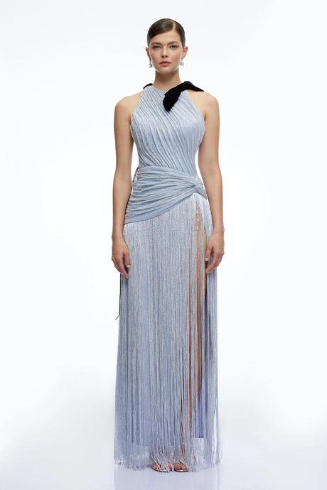 Hailey Maxi Dress Silver Fringe with Bow