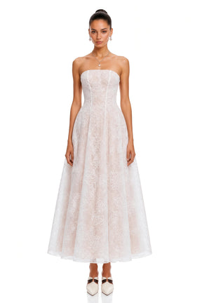 Francesca White Strapless Floral Lace ALine Maxi Dress
