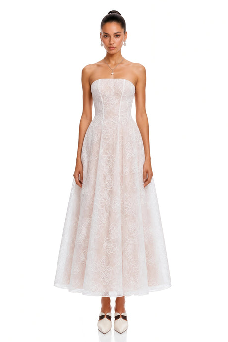 Sonia Maxi Dress White Strapless Floral Lace A-Line