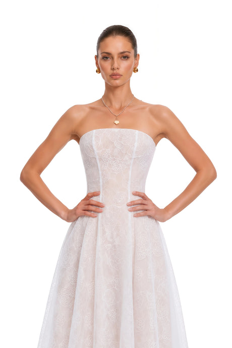 Sonia Maxi Dress White Strapless Floral Lace A-Line