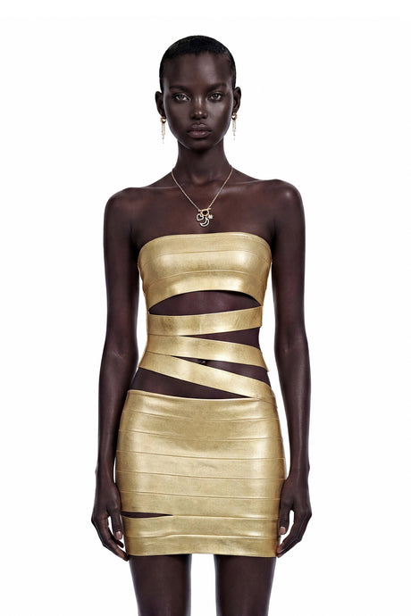 Hunter Mini Dress Gold Off Shoulder Cut-Out
