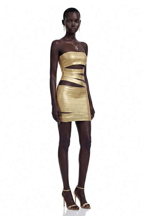 Hunter Mini Dress Gold Off Shoulder Cut-Out