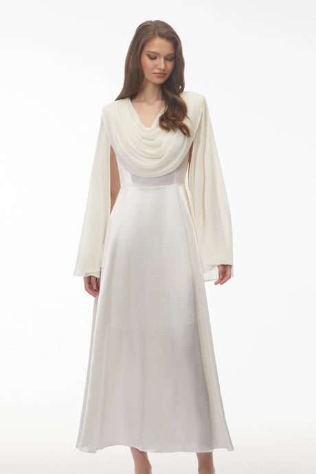 Laila Maxi Dress Ivory Draped Neck with Cape Sleeves