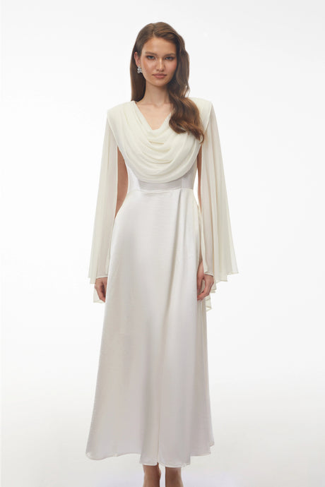 Laila Maxi Dress Ivory Draped Neck with Cape Sleeves