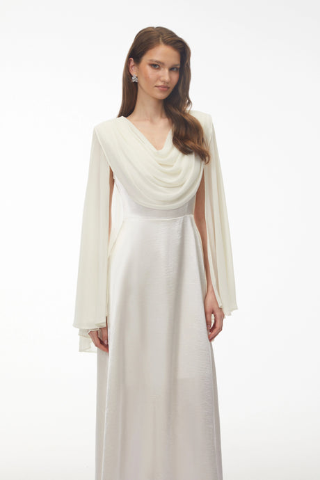 Laila Maxi Dress Ivory Draped Neck with Cape Sleeves