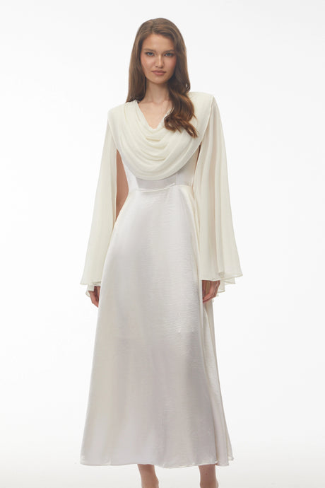 Laila Maxi Dress Ivory Draped Neck with Cape Sleeves