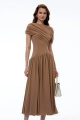 Francine Khaki Asymmetrical Ruched Midi Dress