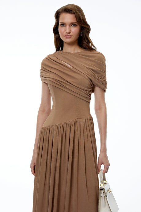 Rebecca Midi Dress Khaki Asymmetrical Ruched