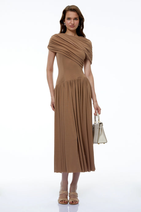Rebecca Midi Dress Khaki Asymmetrical Ruched