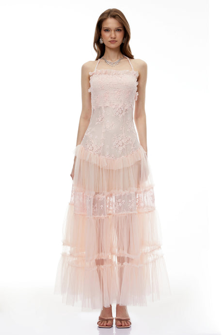 Lina Maxi Dress Pink Floral Lace Tiered