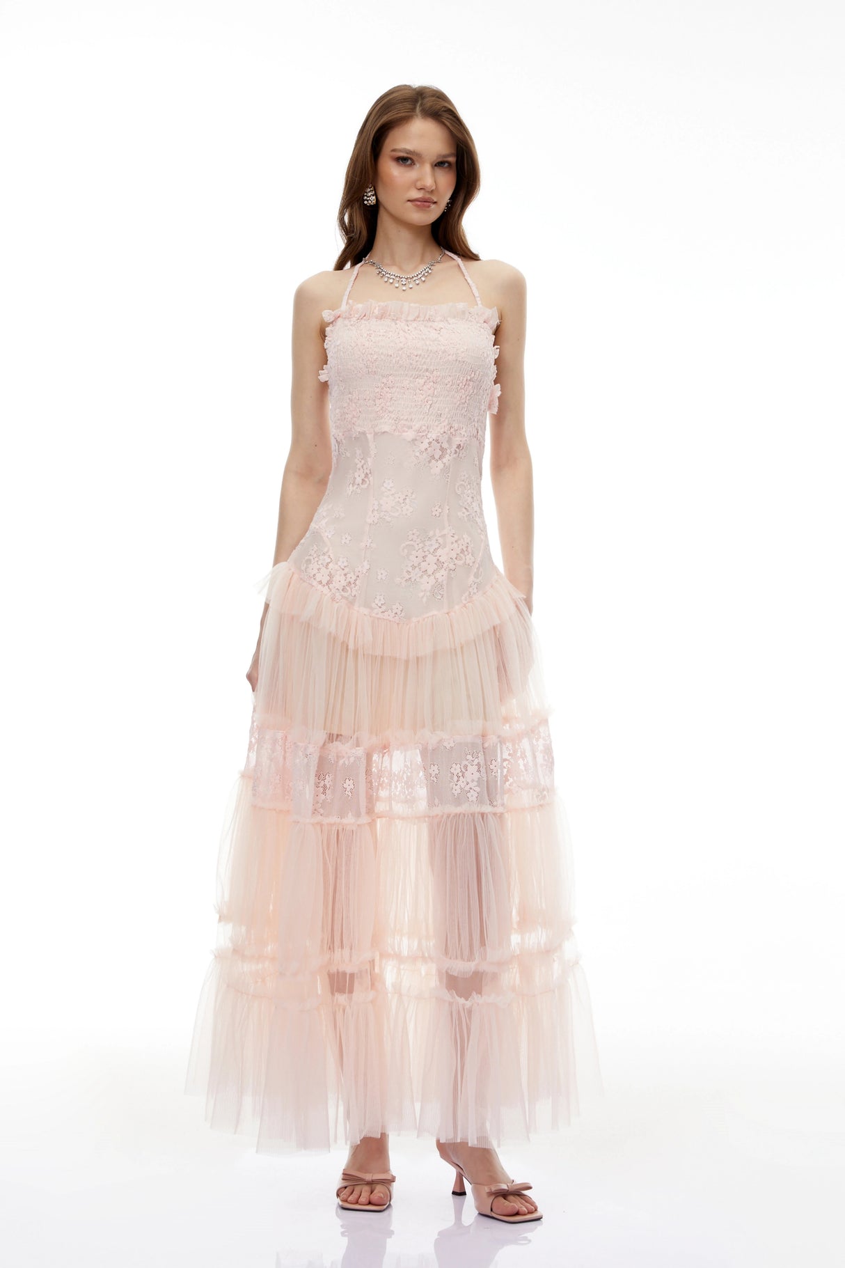 Francine Pink Floral Lace Tiered Maxi Dress