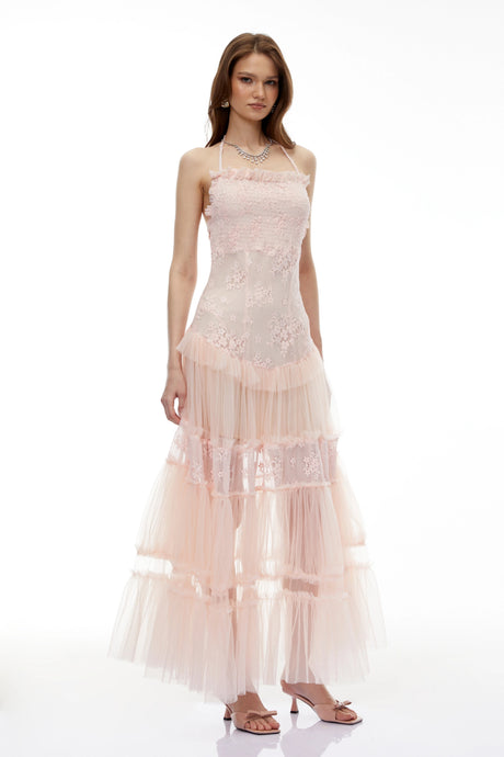 Lina Maxi Dress Pink Floral Lace Tiered