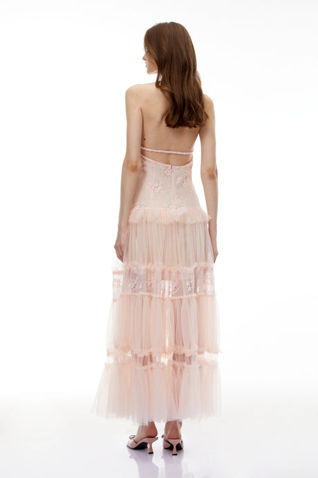 Lina Maxi Dress Pink Floral Lace Tiered
