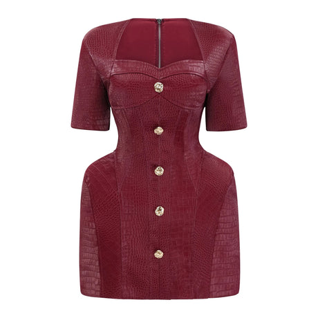 Elisabetta Mini Dress Red Leather with Decorative Buttons