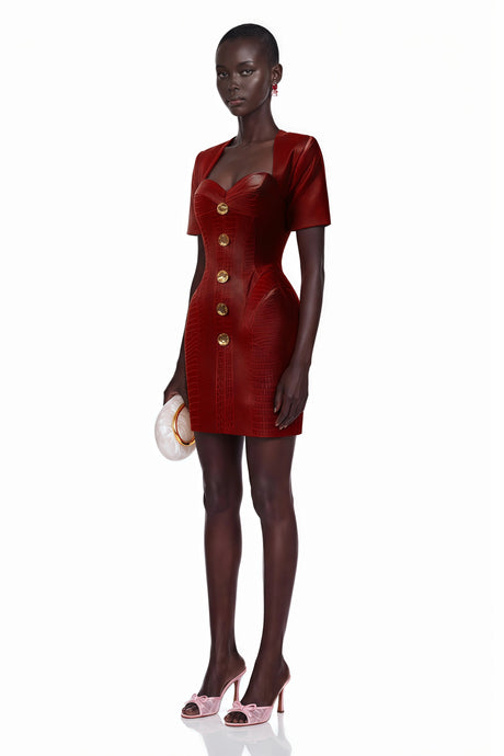 Zelinda Mini Dress Red Leather with Decorative Buttons