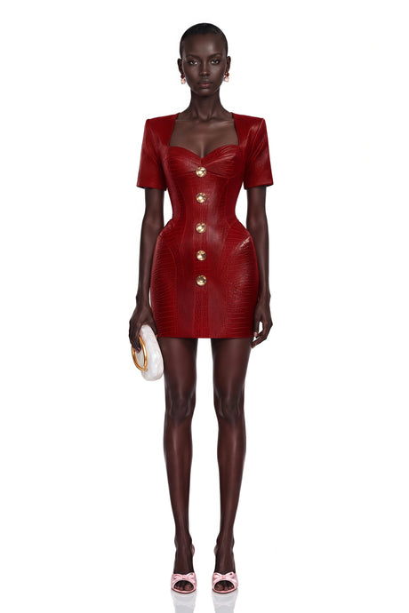Zelinda Mini Dress Red Leather with Decorative Buttons