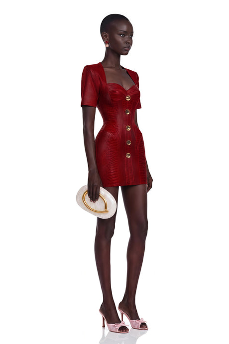 Zelinda Mini Dress Red Leather with Decorative Buttons