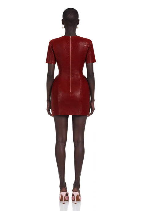 Elisabetta Mini Dress Red Leather with Decorative Buttons