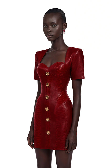 Elisabetta Mini Dress Red Leather with Decorative Buttons